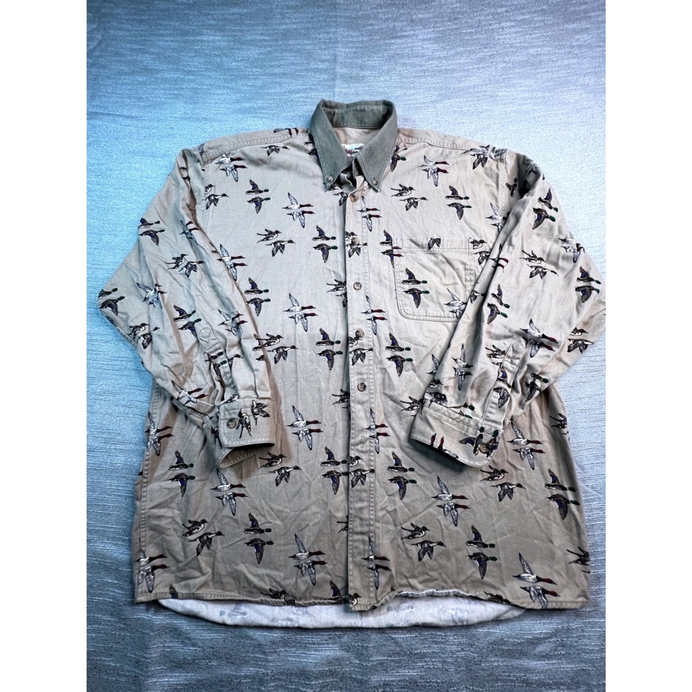 Mens Mallard Duck Flight Print Button Down Shirt Tan Cotton Canvas Hunting L - Picture 1 of 7
